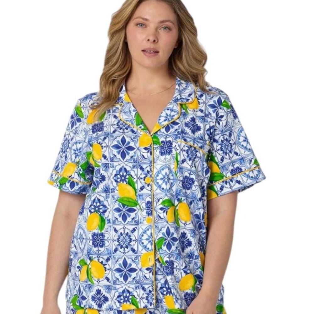 Bedhead Azure Summer Lemons / Blue Print Short Sleeve Jersey Pajama Top size 2XL